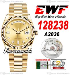EWF DayDate 36mm 128238 A2836 Automatic Mens Watch Eta Yellow Gold Champagne Diamonds Dial OysterSteel Bracelet Same Serial Card Super Edition Timezonewatch G7