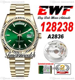 EWF DayDate 36mm 128238 A2836 Automatic Mens Watch Eta Yellow Gold Green Dial Stick Markers OysterSteel Bracelet Same Serial Card Super Edition Timezonewatch F6