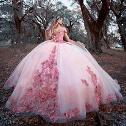 Rosa quinceanera klänningar d blommor spets applikation pärlor korsett tillbaka från axeln skräddarsydd söt prinsessa födelsedagsfest boll klänning vestidos