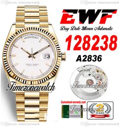 EWF DayDate 36mm 128238 A2836 Automatic Mens Watch Eta Yellow Gold White Dial Stick Markers OysterSteel Bracelet Same Serial Card Super Edition Timezonewatch D4