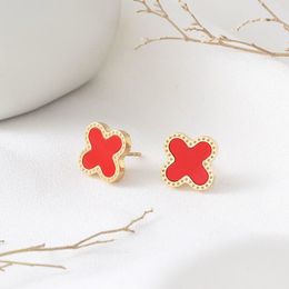 Titanium Steel Leaf Studs Earrings Women Designer 18K Rose Gold Plated Fashion Shell Flower Jewellery Black Green White Red Four Leaves Charm Never Fade Not Allergic