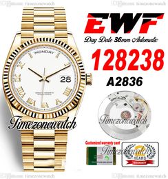 EWF DayDate 36mm 128238 A2836 Automatic Mens Watch Eta Yellow Gold White Dial Roman Markers OysterSteel Bracelet Same Serial Card Super Edition Timezonewatch C3