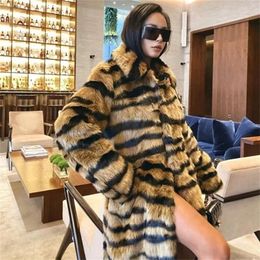 Womens Fur Faux European and American fur long coat fashion loose large Rex Rabbit Leopard Pattern thickened warm womens sexy windbrea 220930