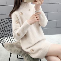 Women's Sweaters Women's Autumn Winter Mid Long Half High Collar Faux Mink Cashmere Sweater Women Pullover Loose Embroidery Turtleneck