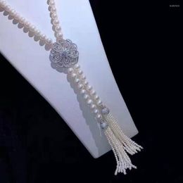 Pendant Necklaces Hand Knotted 8-9mm White Freshwater Pearl Micro Inlay Zircon Accessories Tassels Sweater Necklace Long 70 15cm