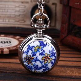 Pocket Watches Vintage Cute Small Dial Quartz Watch For Men Women Flower Print Case Fob Chain Pendant Necklace Clock Collection Gift