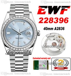 EWF V2 DayDate 228396 A2836 Automatic Mens Watch Diamonds Bezel ICE Blue Baguette Diamond Dial President Bracelet Same Serial Card Super Edition Timezonewatch A1