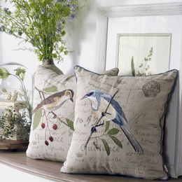 Pillow Embroidery Bird Cotton And Linen High-end Blue Brown Sofa Cover Decorative Pillows Case Living Room Farmhouse Home Decor
