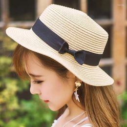 Berets Sun Hats For Women's Hat Bowknot Straw Breathable Brim Beach Summer Boater Ribbon Round Flat Top Women