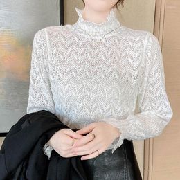 Women's Blouses Women's & Shirts Korean 2022 Elegant Vintage Turtleneck Lace Blouse Flared Long Sleeves Crochet Hollow Out White Tops