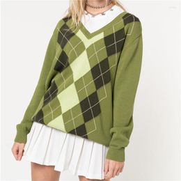 Women's Sweaters Women Y2K Argyle Plaid Sweater Pullover Long Sleeve V-Neck Preppy Style Tops E Girl Knitwear Autumn Winter Streetwear