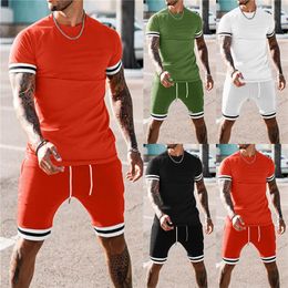 New Summer Men Sets Casual Short Sleeve Sport Suits Men's Sportswear Patchwork Striped Tracksuit Male Jooger Slim Fit Sets