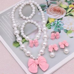 Necklace Earrings Set 2/4Pcs Cute Bow Pendant Pearl Bracelet Ear Clip Children's Girl Jewelry Accessories Gift