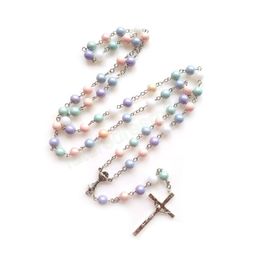 Canday Color Acrylic Rosary Necklace Cross Pendant Long Women Men Religious Jewelry