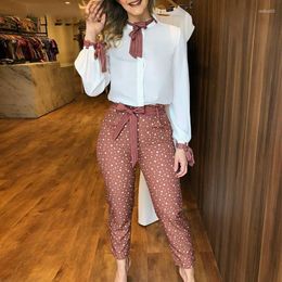 Women's Two Piece Pants STYLISH LADY Elegant 2 Set Women Long Sleeve Bow Shirt And Polka Dots Printed Pant 2022 Autumn Office Outfits