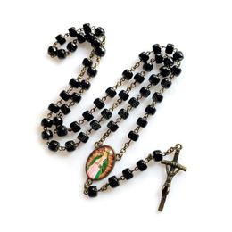 Catholic Jewelry Black Glass Pendant Vintage Jesus Cross Rosary Necklace For Men Women Religious Prayer