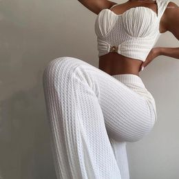 Women's Two Piece Pants Knitted Tracksuit Ruched Set For Women Flare Crop Female White Sets 2022 Summer Ladies Casual Suits
