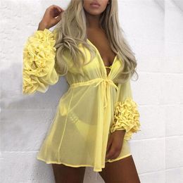 Women's Blouses Women Loose Shirt Blouse Solid Beachwear Dress Tops 3D Flowers Lace-up Bandage Bathing Beach Blusas Female Perspective