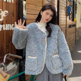 Women's Fur Women Sweet Casual All-match Coat 22 Winter Thick Warm Lamb Wool V-neck Single-breasted Short Jacket Female LR2212