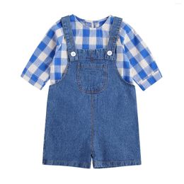 Clothing Sets 2022 0-3Y Casual Toddler Baby Boy Blue Plaid Print Top Long Sleeve Pullovers Denim Straps Shorts Overalls Autumn 2pcs