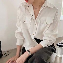 Women's Blouses Office Ladies Single-breasted Lapel Female Tops Plus Size Women White ShirtsHong Kong Style Long Sleeve Casual