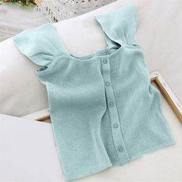 Women's Blouses Summer Blouse Women Knitted Crop Top Female Button Up Tees Cute Tube Square Neck High Street Tops For