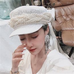 Berets 202204-jj Chic Drop Pearl Chain Flowers Beaded Tassel Designer Style White Lace Lady Octagonal Hat Women Visors Cap