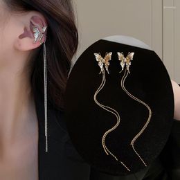Backs Earrings Pleated Butterfly Tassel Korean Niche Metal Personality Long Ear Clip Without Piercing