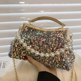 Evening Bags 2022 Brand Women Sequin Shell Bag Pearl Chain Clip Hnadbag And Purses Party Clutch Designer Ladies Bling Small Totes
