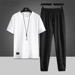 New Men Casual Sets Harajuku Tracksuit Ice Silk Summer Men's Jogger Sports Suit T-shirt Shorts Solid Breathable Clothing