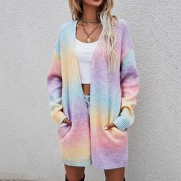 Women's Knits Women's & Tees Autumn Vintage Cardigans Winter Sweater 2022 Rainbow Tie-dye Mid-length Plus Size Cardigan Knitted Jacket