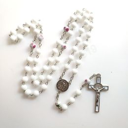 Weißer Glas Rosenkranz Jesus Kreuz Anhänger Halskette Religiöse Frauen Männer Schmuck Schmuck