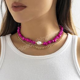 Rose Red Stone with Pearl Short Choker Necklace for Women Charms Layered Beaded Chain Neckkace Collar Fashion Jewellery Gifts