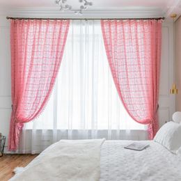 Curtain American Style Cotton Knitted For Living Room Geometric Pattern Sheer Pink Window Drapes Customized Valance 1PC