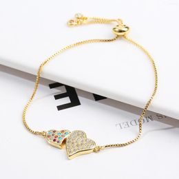 Strand Colour Diamond Simple Design Double Heart Micro Set Pendant Bracelet Adjustable Geometry Women Sweet Fashion Jewellery