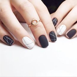 False Nails Fake Glossy Black And White Nail Stickers Finished 24 With Glue SANA889