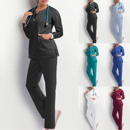 Womens Two Piece Pants Scrubs Working Pocket Long Sleeves Medicaled Clothing Tops Two-piece Sets Clinical Uniforms Suit H12P