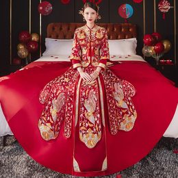 Ethnic Clothing FZSLCYIYI Phoenix Embroidery Rhinestones Tassel Elegant Bride Bridegroom Marriage Qipao Chinese Wedding Dress Cheongsa Suit