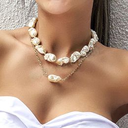 Gold Colour Choker Simple Simulated Irregular Pearl Double Layers Necklace Women Party Jewellery