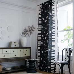 Curtain 1.5M Width Piano Keyboard Printed Half Blackout Living Room Bay Window With Vintage Tassel