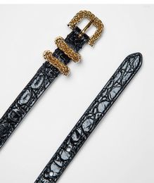 Belts Designer Handmade Gold Metal Twisted Cable Chain Buckle Crocodile Belt Retro Black Patent Real Genuine Leather Texture Waistband