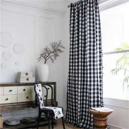 Curtain 1.5M Width Black And White Grid Tassel Cotton Linen Semi-shade Small Window Home Kitchen Decoration