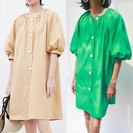 Casual Dresses 2022 Summer Ladies Solid Colour Mini Dress Single Breasted Women's Loose Puff Sleeves Knee Length Robe Petticoat