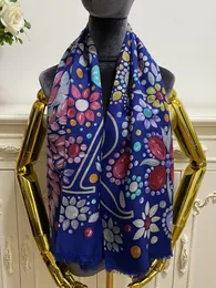 Women's fashion scarf size 130cm -130cm silk wool material blue Colour print letters floral pattern square scarves pashmina