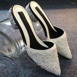Slippers Luxury Party Women Pointed Toe Baotou Half Drag Sandals Rhinestone Sequined Chunky Heels Fashion Ladies Summer Slides