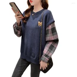 Women's Sweaters QPFJQD Elegant Ladies Plaid Knitted Sweater Women Daily Streetwear Loose Sweat Cartoon Dog Embroidery Pullover Tops