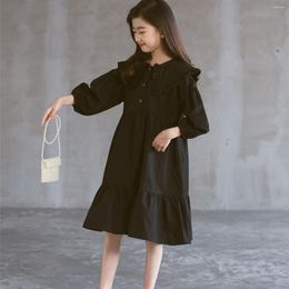 Girl Dresses Layered Girls Dress Cotton 2022 Children Autumn Balck Button Teen Kids Clothes Latern Sleeve #6039