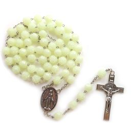 Luminous Rosary Necklace Acrylic Rose Beads Long Cross Pendant For Women Men Religious Pray Jewellery