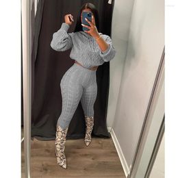 Women's Two Piece Pants 2022 Ladies Autumn Winter Fashion Casual Street Pure Colour With Hood Collar Slim Knit Sweater Set