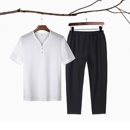 Men's Tracksuits Men's Summer Casual Suits Fashion V-neck Short Sleeve T-shirt Nine Pants 2 Piece Sets Wear Clothes Set Plus Size M-5XL